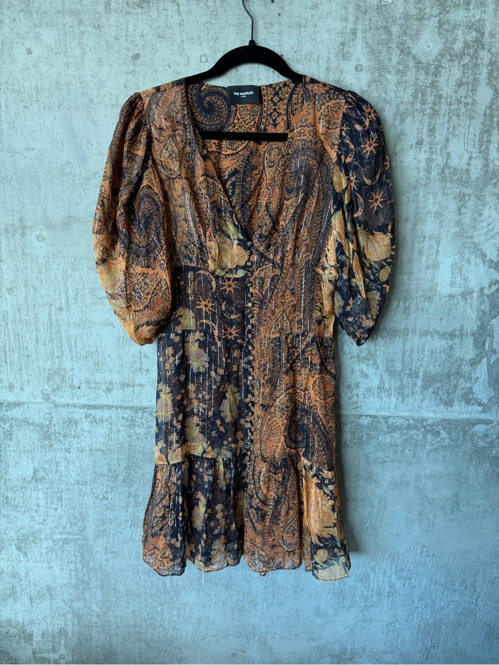 The Kooples Black & Brown Paisley Puff Sleeve V-Neck Dress